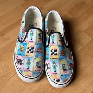 Vans Woman’s Slip-On Sneakers in Blue Multicolor Lotería Print RARE